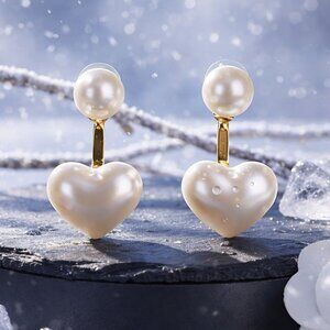 2-in-1 Heart Pearl Drop Stud Earrings White Gold Plated Dainty Coquette Bridal